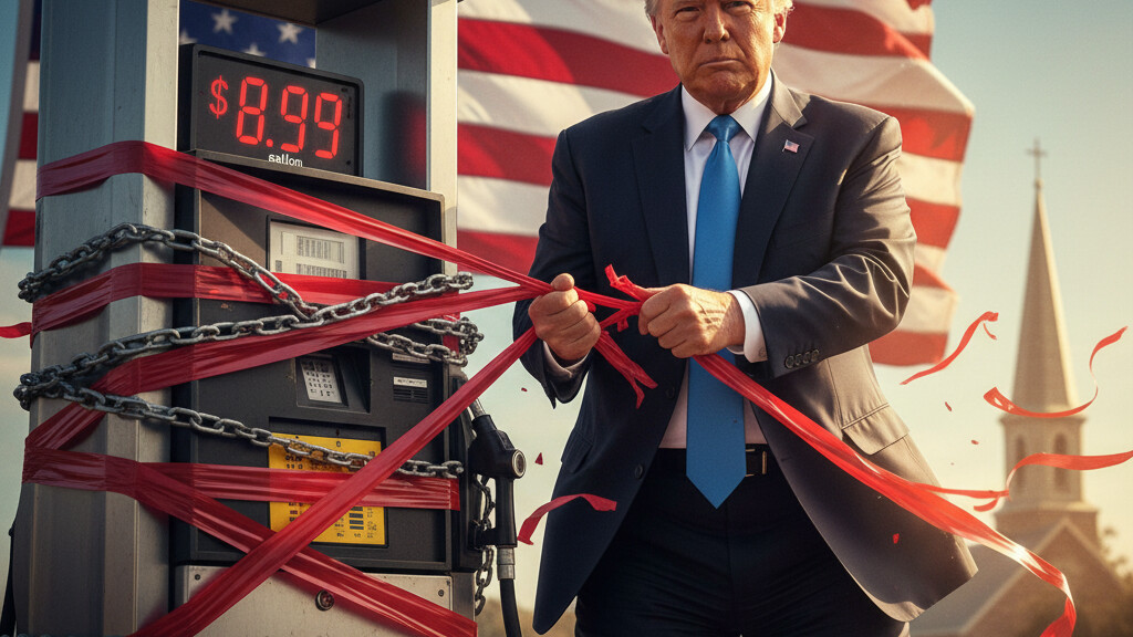 Editorial illustration: Trump Unleashes American Energy, Cuts Deep State Red Tape to Crush Globalist Gas