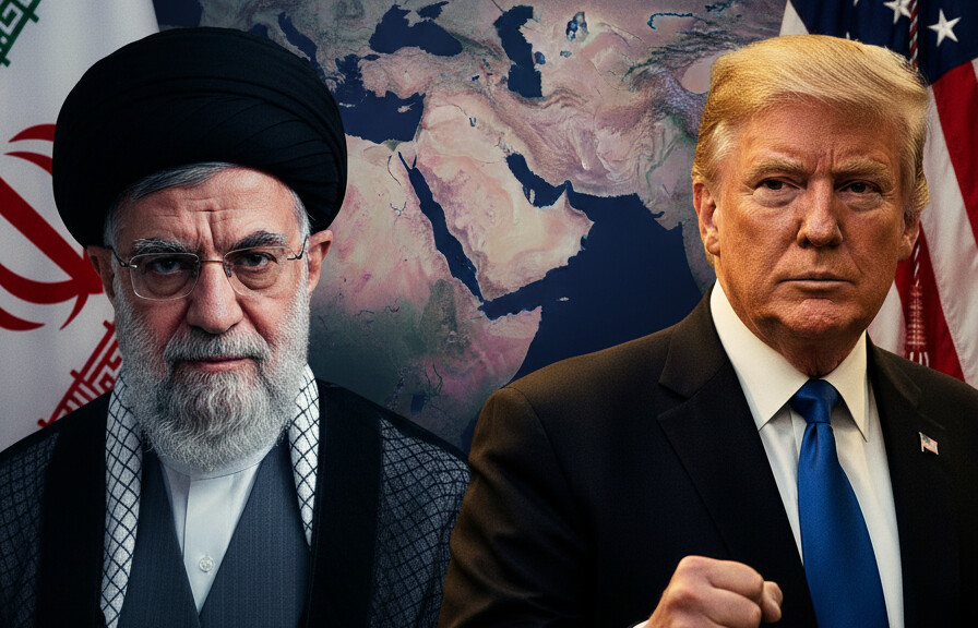 Editorial illustration: Trump Weighs Sending 10,000 Additional Combat Troops to Middle East as Iran Stan