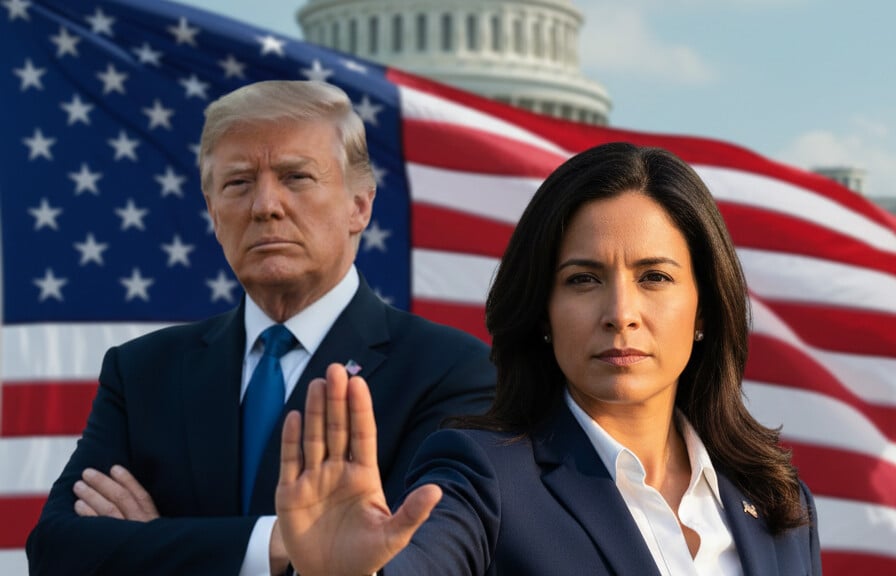 Editorial illustration: Tulsi Gabbard Draws Line in the Sand: Intel Serves the President, Not the Other