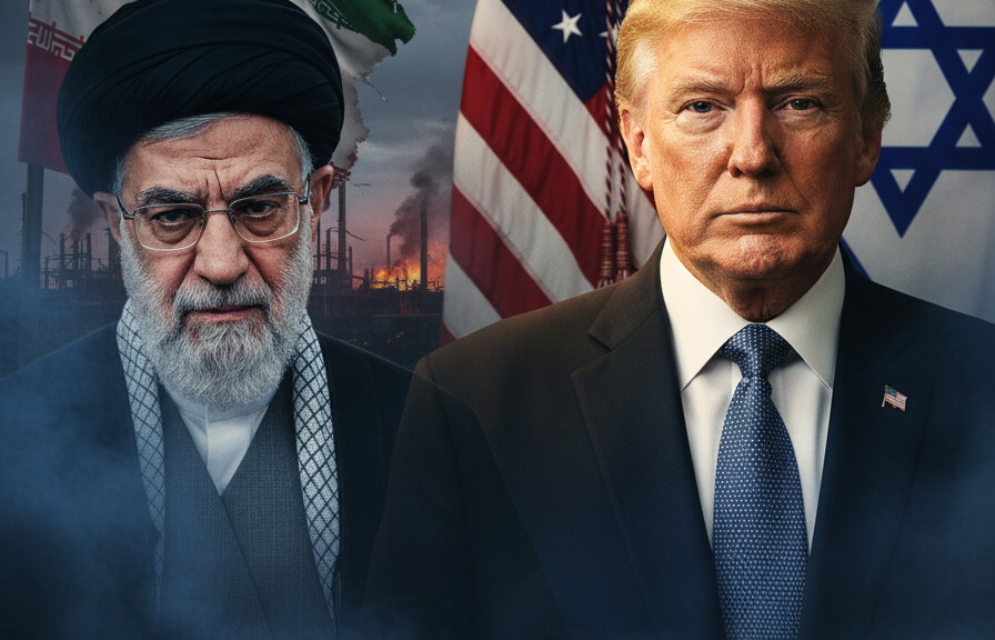 Editorial illustration: US-Israeli Strikes Pound Iran Energy Sites Hours After Trump Signals Diplomatic