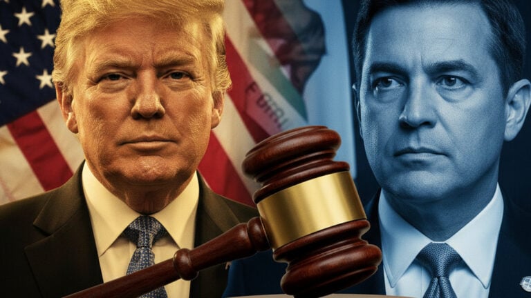 Editorial illustration: Blue States Launch Major Legal Assault on Trump’s Tariff Regime