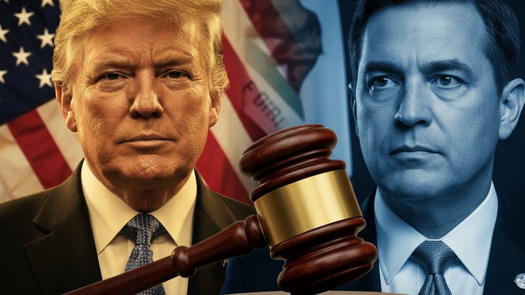 Editorial illustration: Blue States Launch Major Legal Assault on Trump’s Tariff Regime
