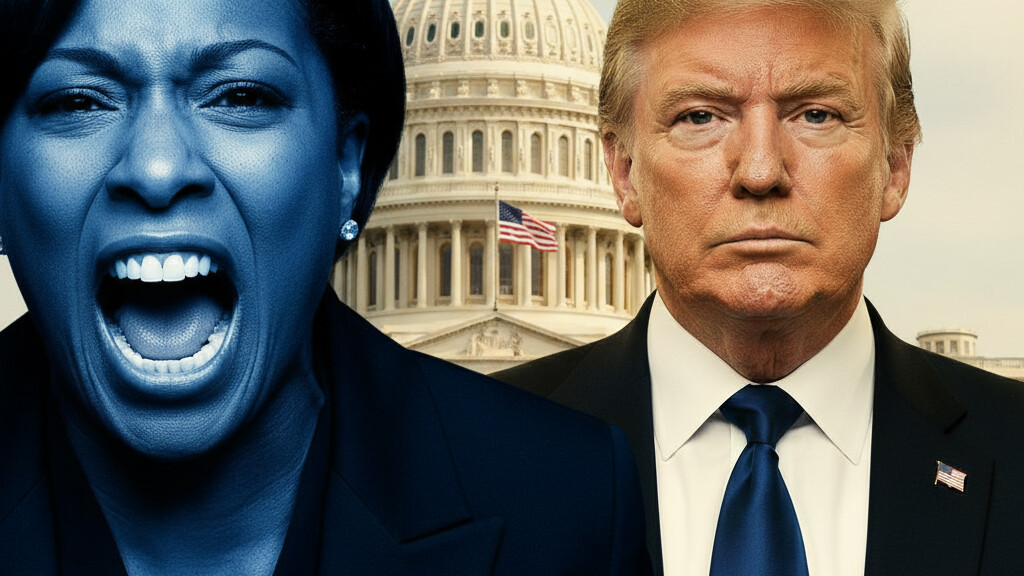 Editorial illustration: Democrat Lawmaker Screams Profanity at Trump on Camera: ‘F— His A