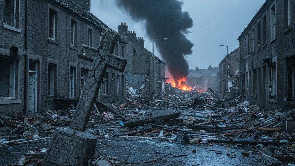 Editorial illustration: Echoes of War: Northern Ireland Blast Exposes Global Fragility and Spiritual Dec