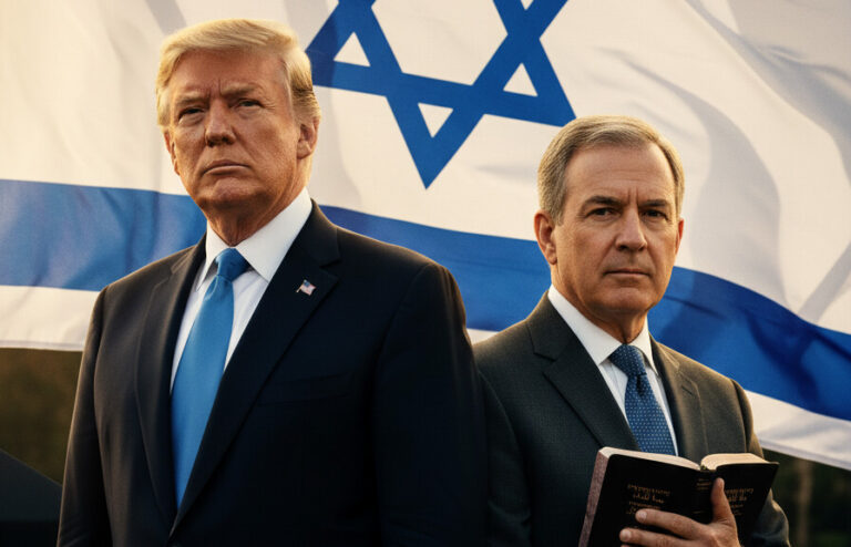Editorial illustration: Evangelical Leaders Rally for Trump and Israel as Operation Epic Fury Reshapes R