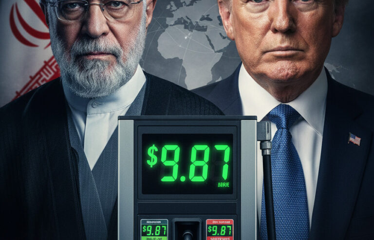 Editorial illustration: Gas Prices Surge in Swing States as Iran Conflict Tests Trump Economic Message