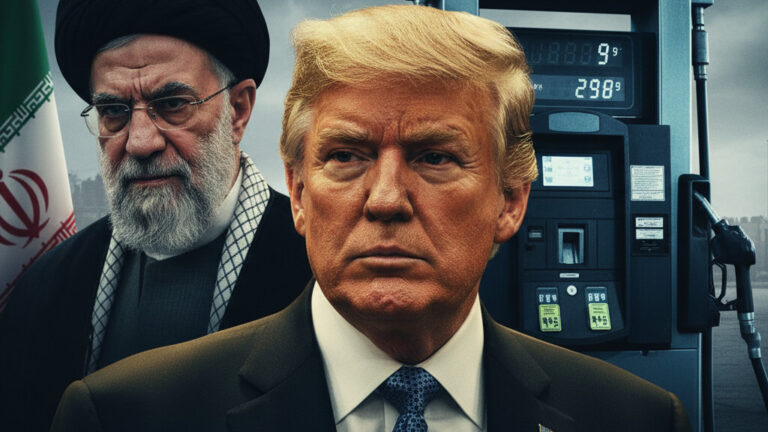 Editorial illustration: Gas Surge Tied to Iran Conflict Hits Swing States, Testing Trump’s Low-Pri
