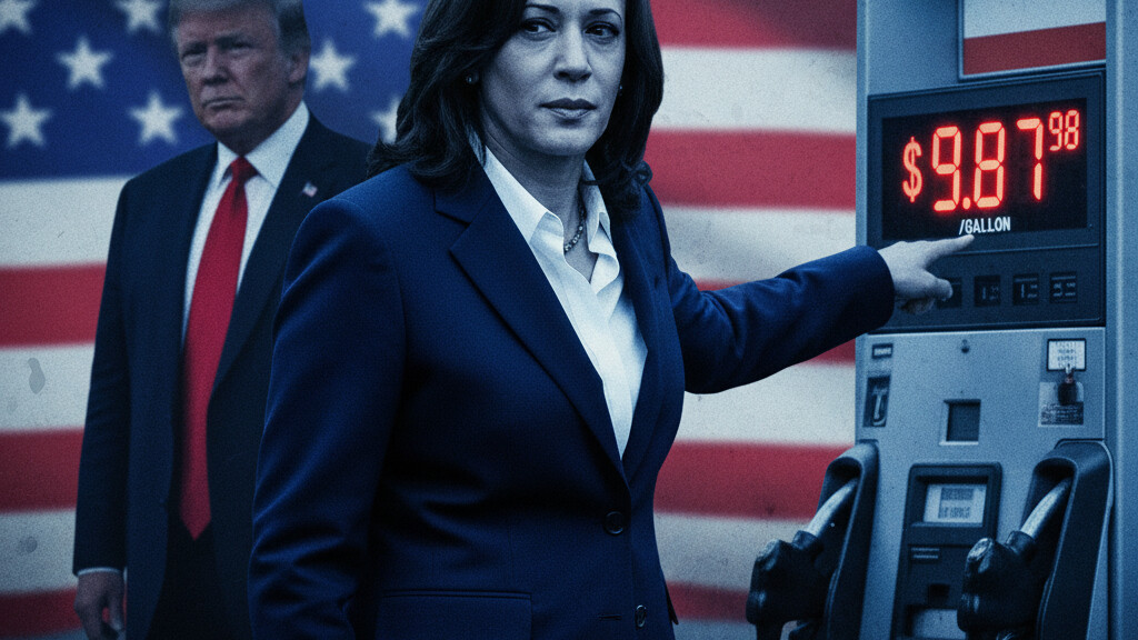 Editorial illustration: Kamala Harris Blames Trump for Gas Prices After Calling High Prices ‘Price