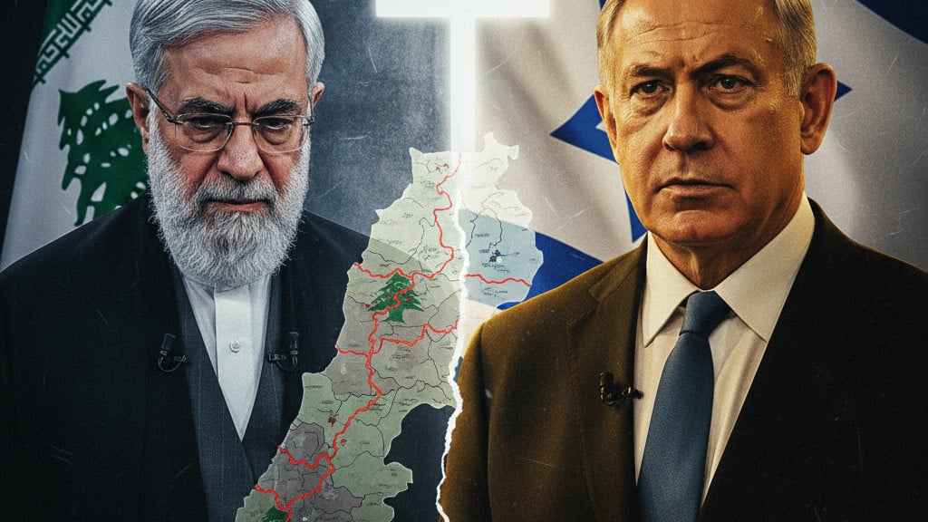 Editorial illustration: Lebanon Left Behind: Israel’s War With Hezbollah Rages On Despite U.S.-Ira