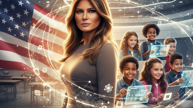Editorial illustration: Melania Sounds the Alarm: AI, Not Woke Agendas, Is the Future Our Kids Deserve