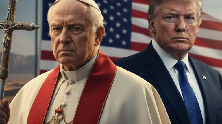 Editorial illustration: Pope Leo XIV Slams Trump’s Iran Threat as ‘Truly Unacceptable’