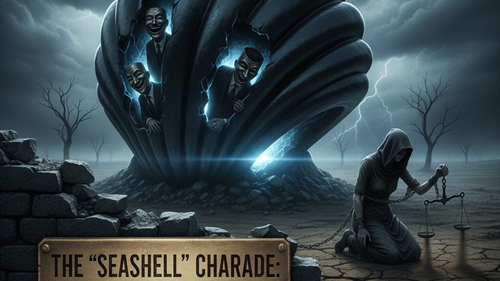 Editorial illustration: The ‘Seashell’ Charade: Deep State Laughs While Justice Withers
