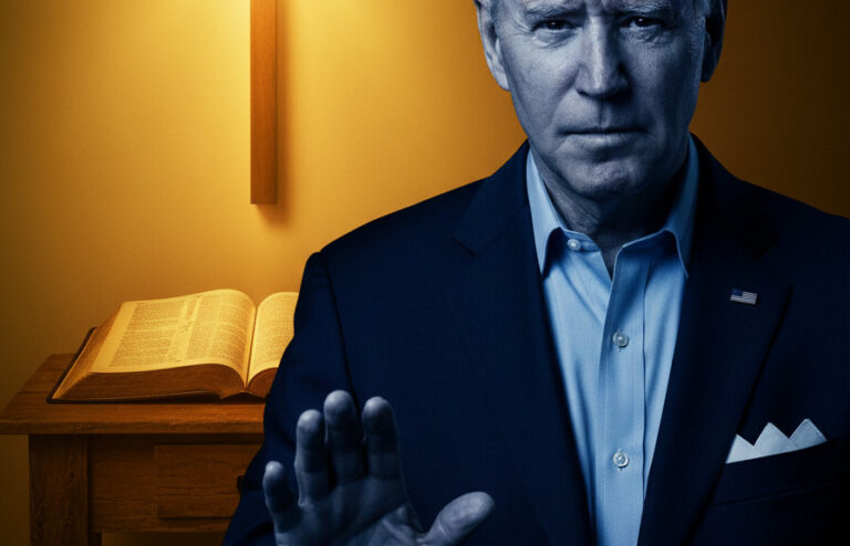 Editorial illustration: The Unholy Alliance: Biden Admin Moves to Bar Christian Families from Foster Car