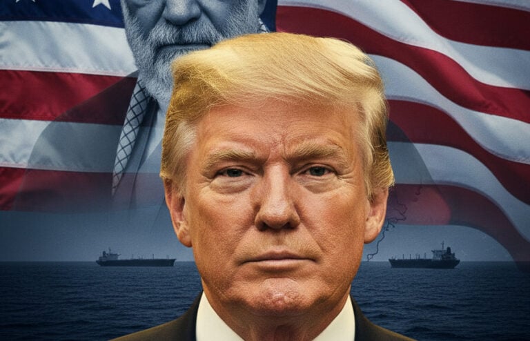 Editorial illustration: Trump’s Bold Ultimatum: Reclaim Hormuz, Fund America, and Defy Globalist W
