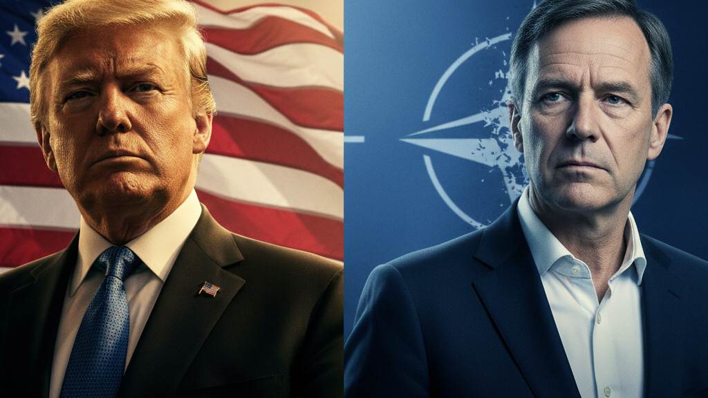 Editorial illustration: Trump and Rubio to Face NATO Chief as Alliance Frays Over Iran Conflict