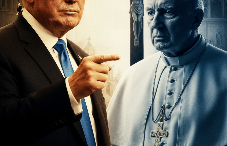 Editorial illustration: Trump Fires Back at Pope Leo: ‘Weak on Crime, Terrible for Foreign Policy&