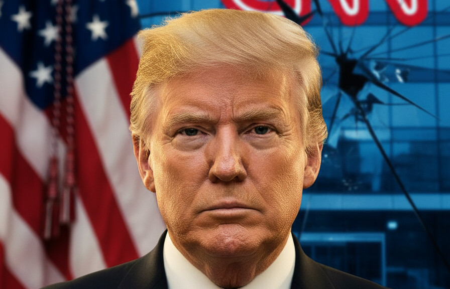 Editorial illustration: Trump Launches Investigation Into CNN World Over Fraudulent Iranian Ceasefire St