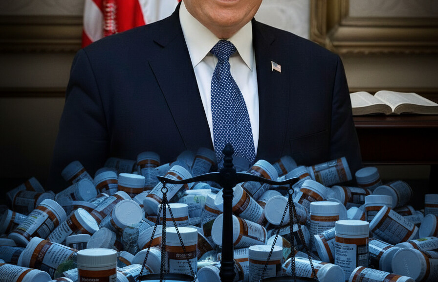 Editorial illustration: Trump Slams Corporate Greed: Forces Big Pharma to Put Americans First on Drug Pr