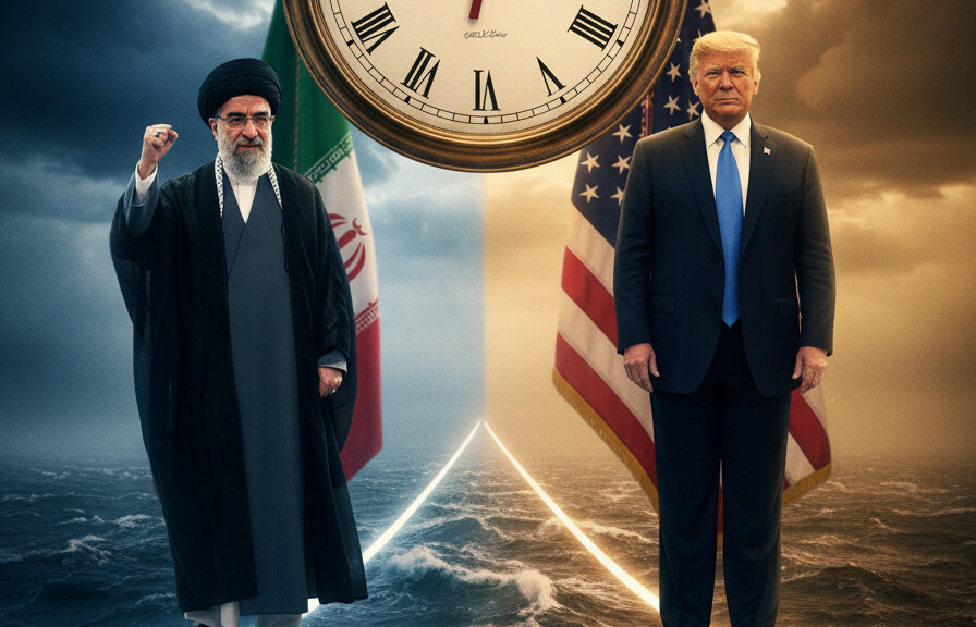 Editorial illustration: Trump Walks Diplomatic Tightrope as Iran Ceasefire Clock Ticks Down