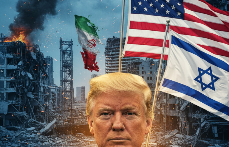 Editorial illustration: US-Israeli Strikes Pound Iran Energy Sites as Trump Signals Endgame