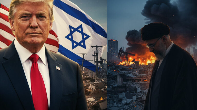 Editorial illustration: US-Israeli Strikes Pound Iran Energy Sites as Trump Signals Endgame