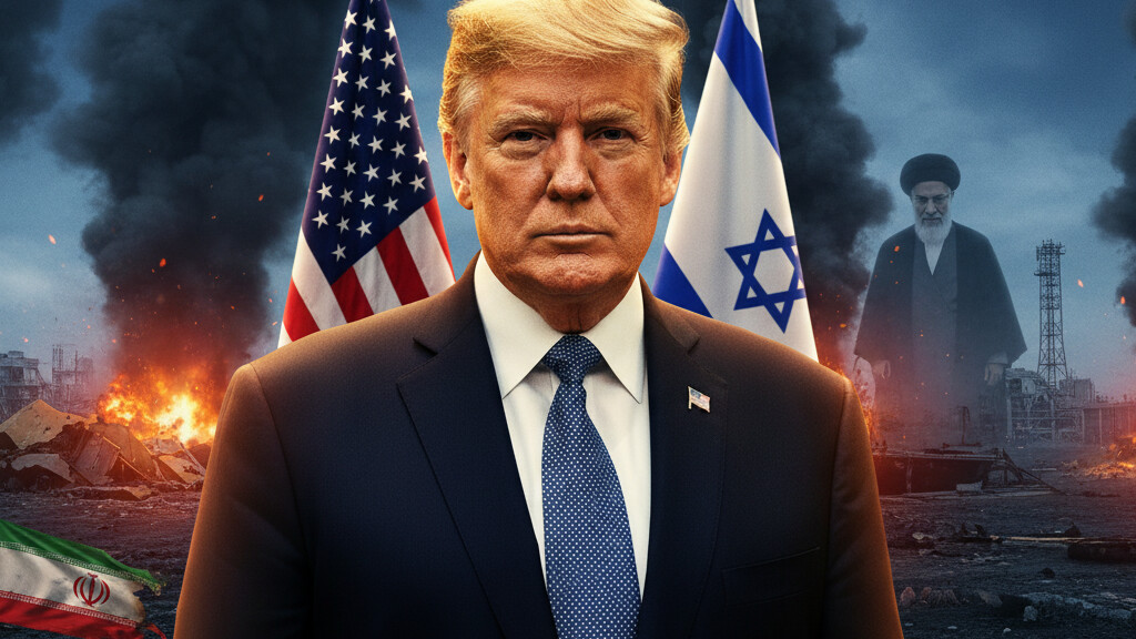 Editorial illustration: US-Israeli Strikes Pound Iran Energy Sites as Trump Signals Endgame
