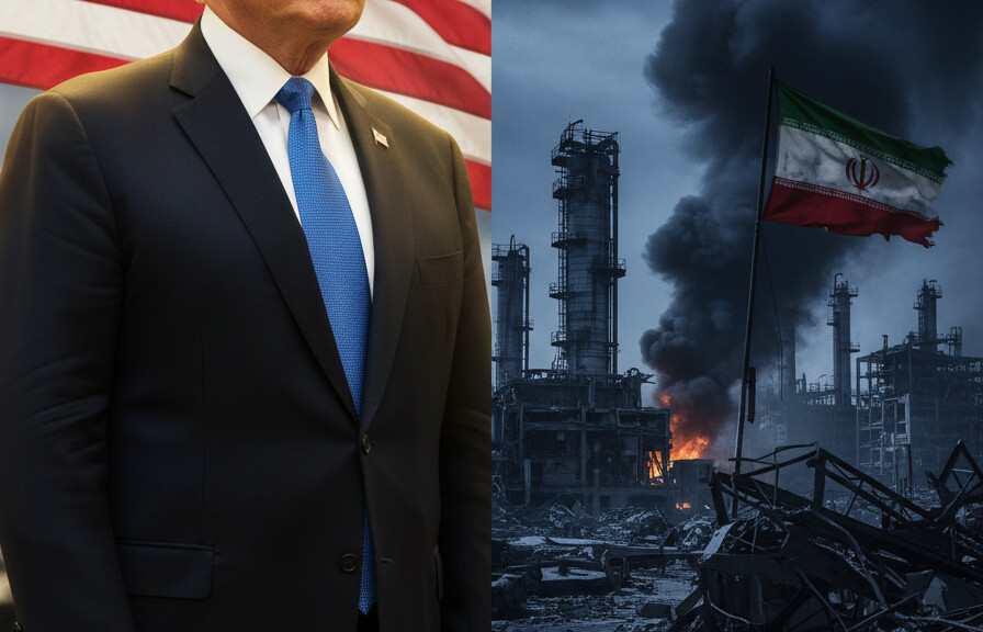 Editorial illustration: US-Israeli Strikes Pound Iran Energy Sites as Trump Signals Endgame