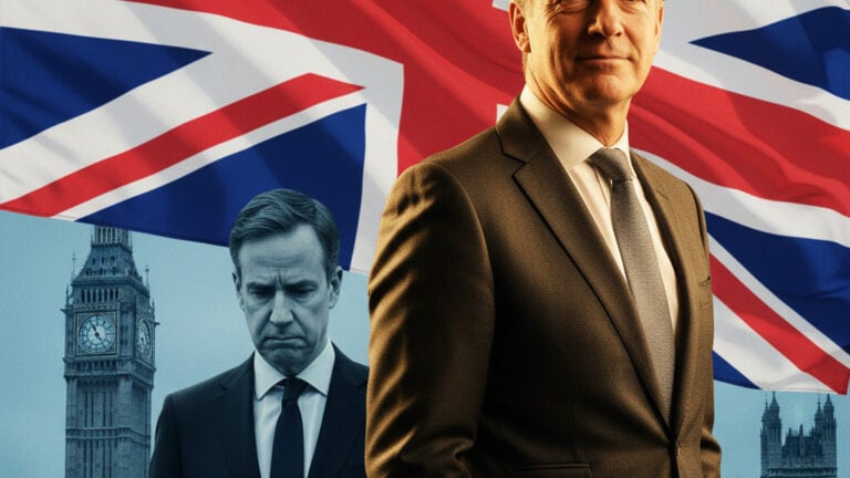 Editorial illustration: Nigel Farage Deals Major Blow to Starmer as UK Conservatives Surge in Local Elec