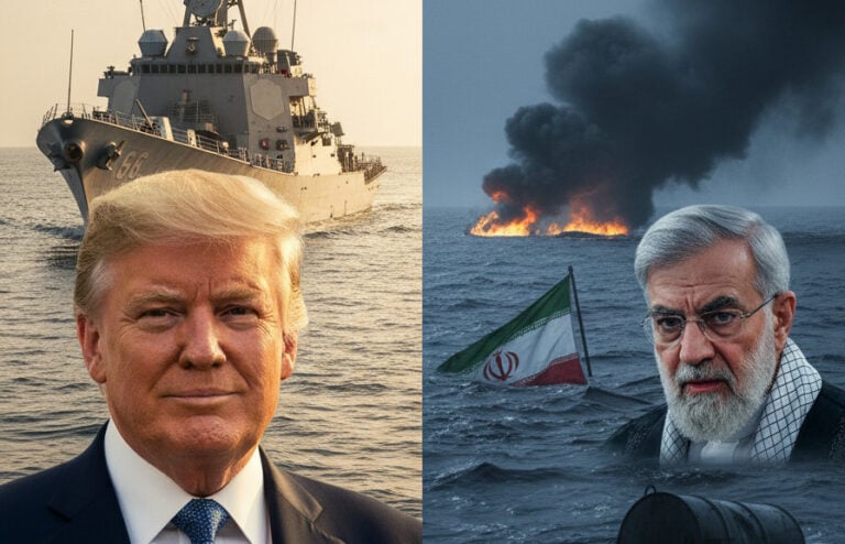Editorial illustration: Trump: Iranian Attackers ‘Completely Destroyed’ After Firing on U.S.