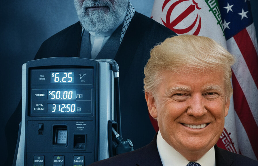 Editorial illustration: Trump Proposes Suspending Federal Gas Tax as Iran War Drives Prices Above $6 Per