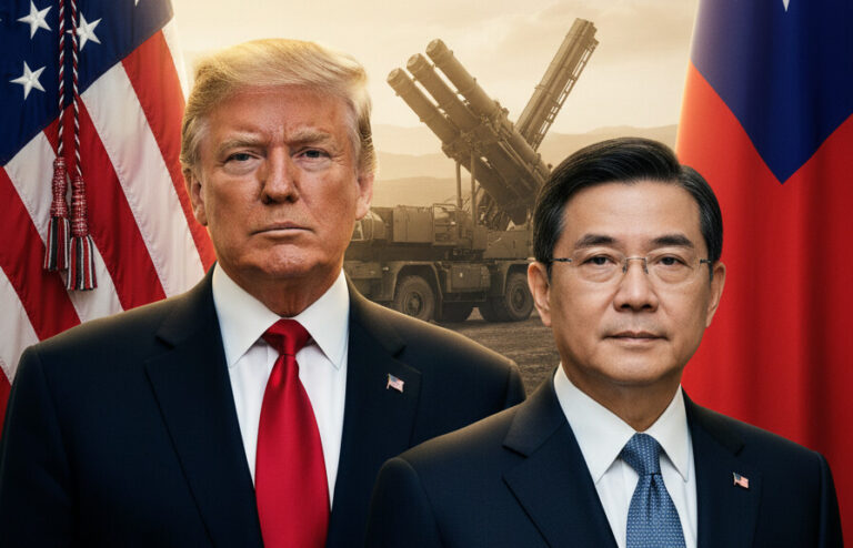 Editorial illustration: Trump to Discuss Taiwan Arms Sales in High-Stakes Call With President Lai