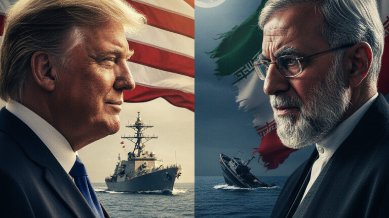 Editorial illustration: U.S. and Iran Exchange Fire in Strait of Hormuz as Tensions Flare