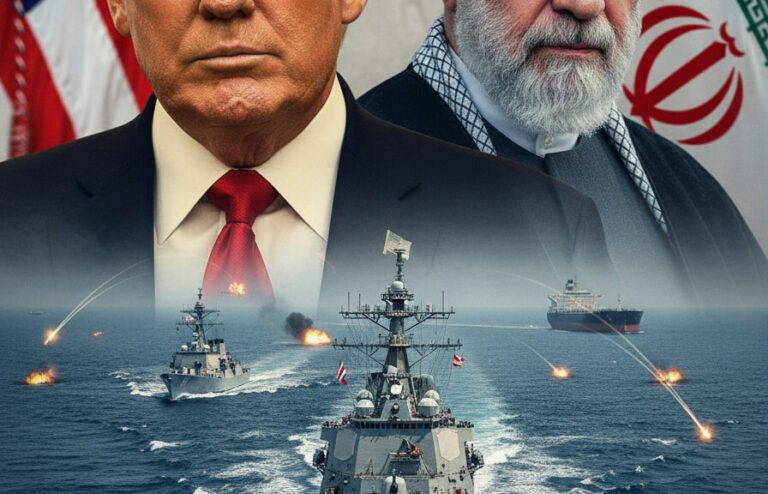 Editorial illustration: U.S. and Iran Exchange Fire in Strait of Hormuz as Ceasefire Hangs by a Thread