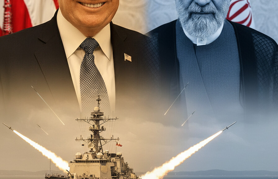 Editorial illustration: U.S. and Iran Exchange Missile Fire in Strait of Hormuz as Fragile Truce Crumble
