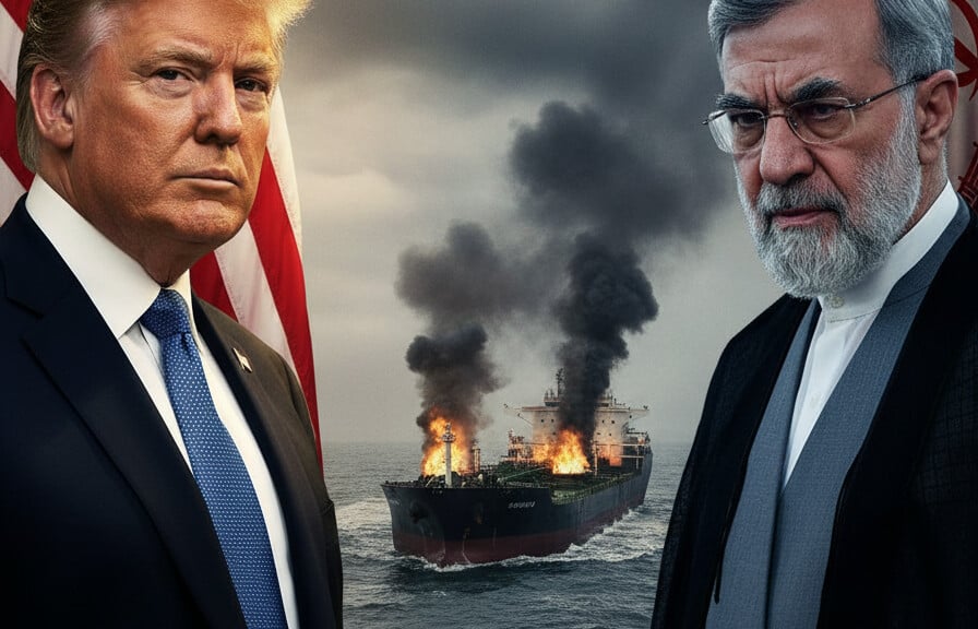 Editorial illustration: U.S. Forces Disable Two Iranian Oil Tankers in Gulf of Oman Blockade Enforcement