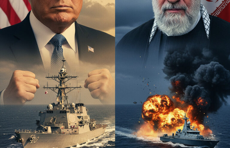 Editorial illustration: US and Iran Exchange Fire in Strait of Hormuz as Trump Warns Tehran’s R