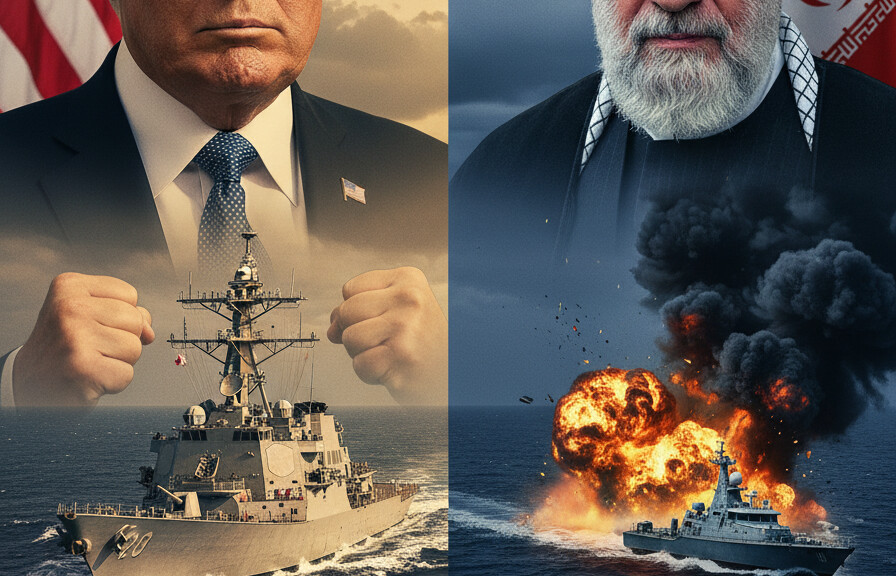 Editorial illustration: US and Iran Exchange Fire in Strait of Hormuz as Trump Warns Tehran’s R
