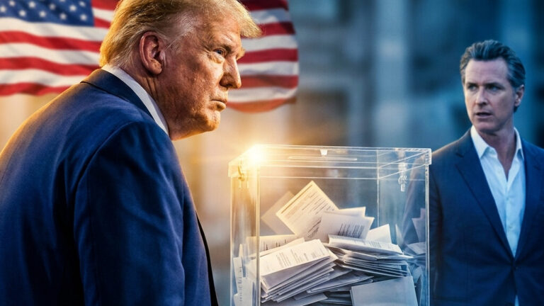 Editorial illustration: DOJ Opens Multiple Investigations into California Elections After Trump Fraud Cl