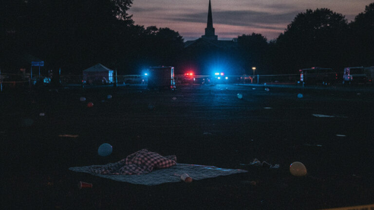 Editorial illustration: Gunfire Erupts at Toledo Festival: At Least 12 Wounded as Suspects Remain at Lar