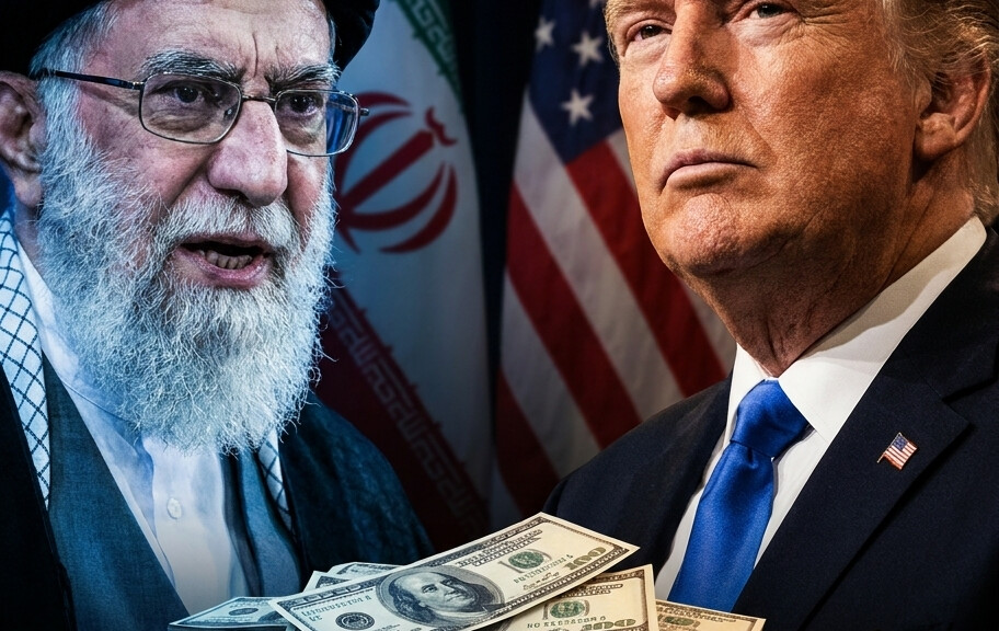 Editorial illustration: Iran Claims ‘First Victory’ Over US, Demands 4 Billion in Frozen Ass