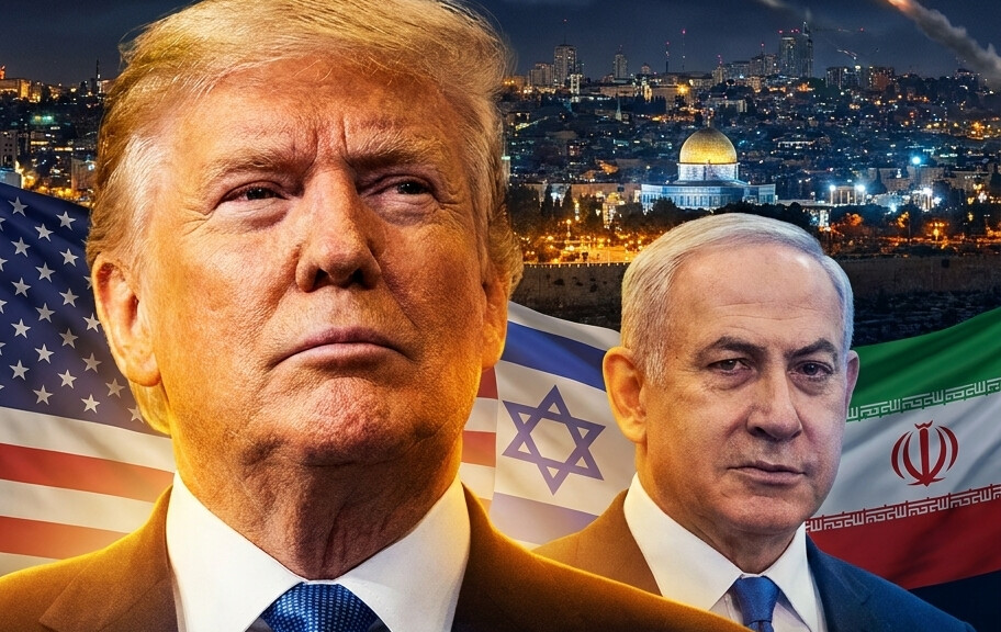 Editorial illustration: Iran Launches Missile Barrage at Israel — Trump Steps In and Tells Netanyahu to