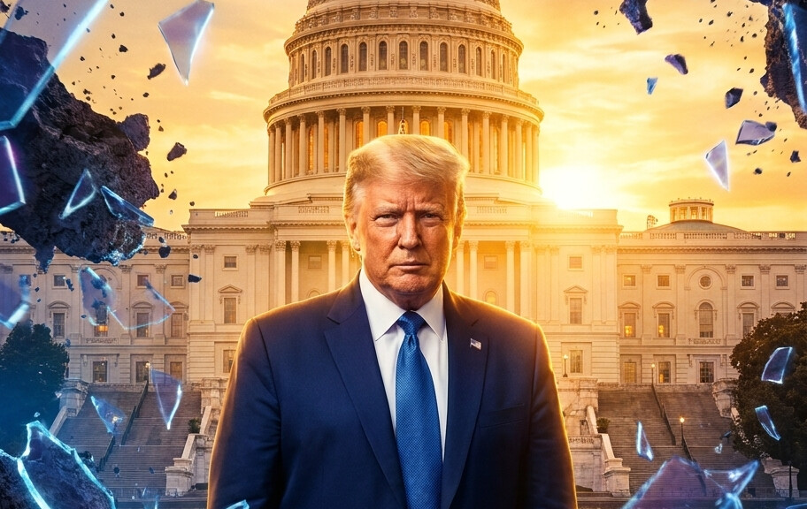 Editorial illustration: Trump ‘Chaos’ Narrative Collapses Under Its Own Weight