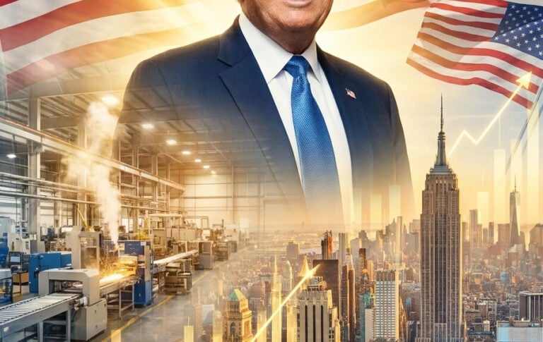 Editorial illustration: Trump’s Golden Age Economy Defies Critics With 188,000 New Jobs and Manufa
