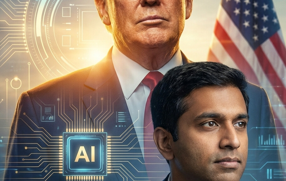 Editorial illustration: Trump’s Top AI Advisor Sriram Krishnan Exits White House