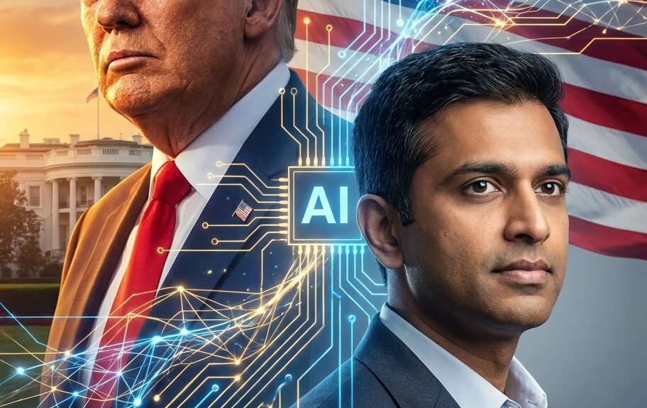 Editorial illustration: Trump’s Top AI Advisor Sriram Krishnan to Depart White House at Month̵