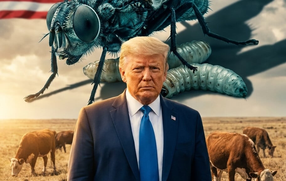 Editorial illustration: Trump Appoints Screwworm Czar as Flesh-Eating Parasite Spreads in Texas