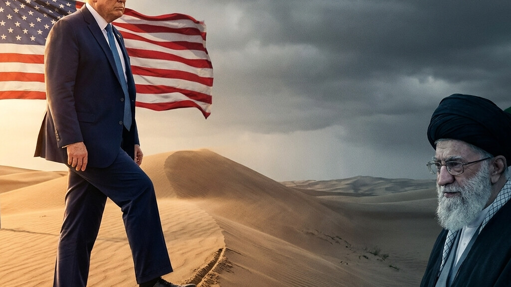 Editorial illustration: Trump Draws a Line in the Sand: US Forces Stay Until Iran Deal Is Done