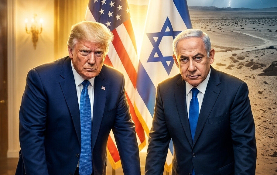 Editorial illustration: Trump Holds Second Call With Netanyahu in 24 Hours as Iran Tensions Escalate