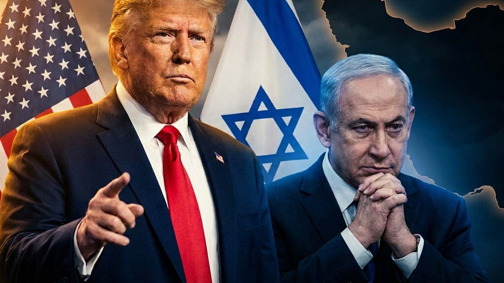 Editorial illustration: Trump Intervenes to Stop Israeli Strike on Iran, Warns Netanyahu Against Escalat