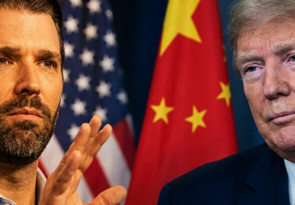 Editorial illustration: Trump Jr Breaks With Father, Warns Investors to Avoid China